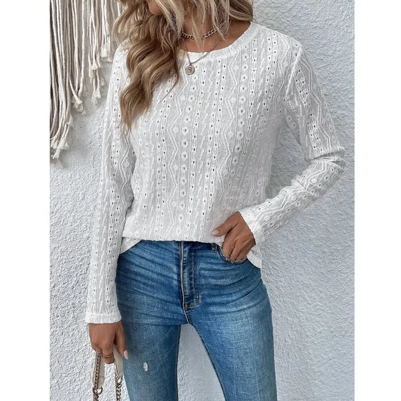 White Long Sleeve Tee Shirt Eyelet Embroidery Somewhat Sheer Round Neck - Picture 2 of 9